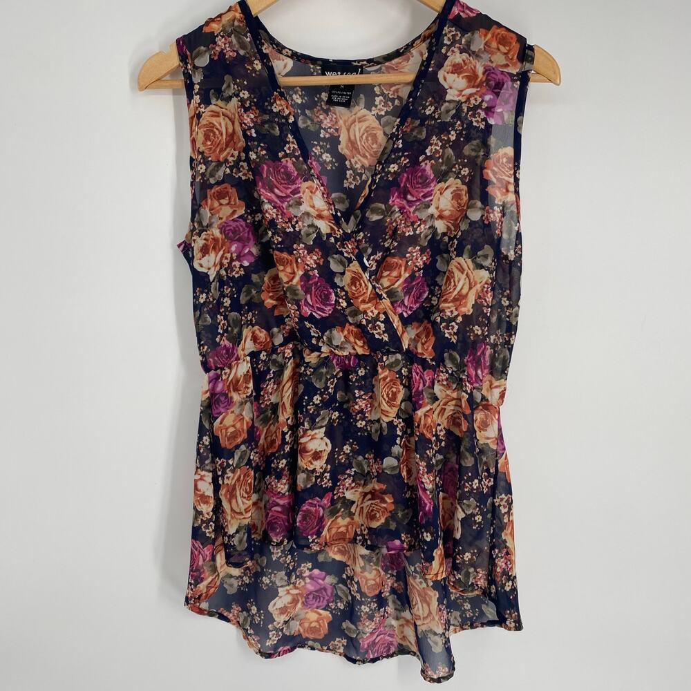 Wet Seal Top Medium Vintage Y2K Dark Floral‎ Criss Cross Fairy Flowy Romantic